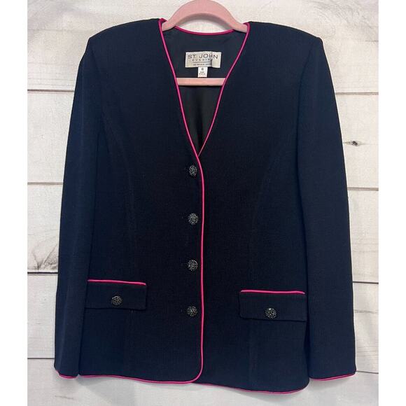 St. John Black Evening Sweater Pink Trim Big Sparkle Buttons *Small Flaw* Size 6 - Picture 1 of 9
